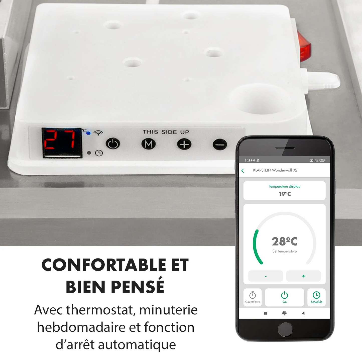 Panneau chauffant rayonnant Liya installation au mur métal blanc wifi