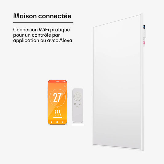 Panneau chauffant rayonnant Liya installation au mur métal blanc wifi