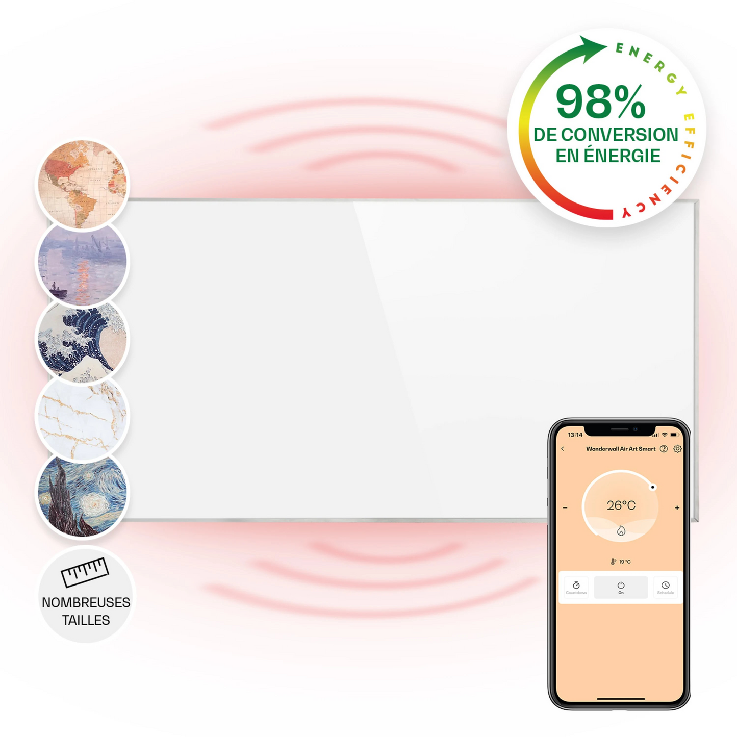 Panneau chauffant rayonnant Liya installation au mur métal blanc wifi